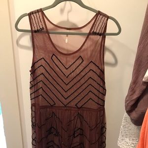 Free People sheer, plum dress, bugle beads, Medium